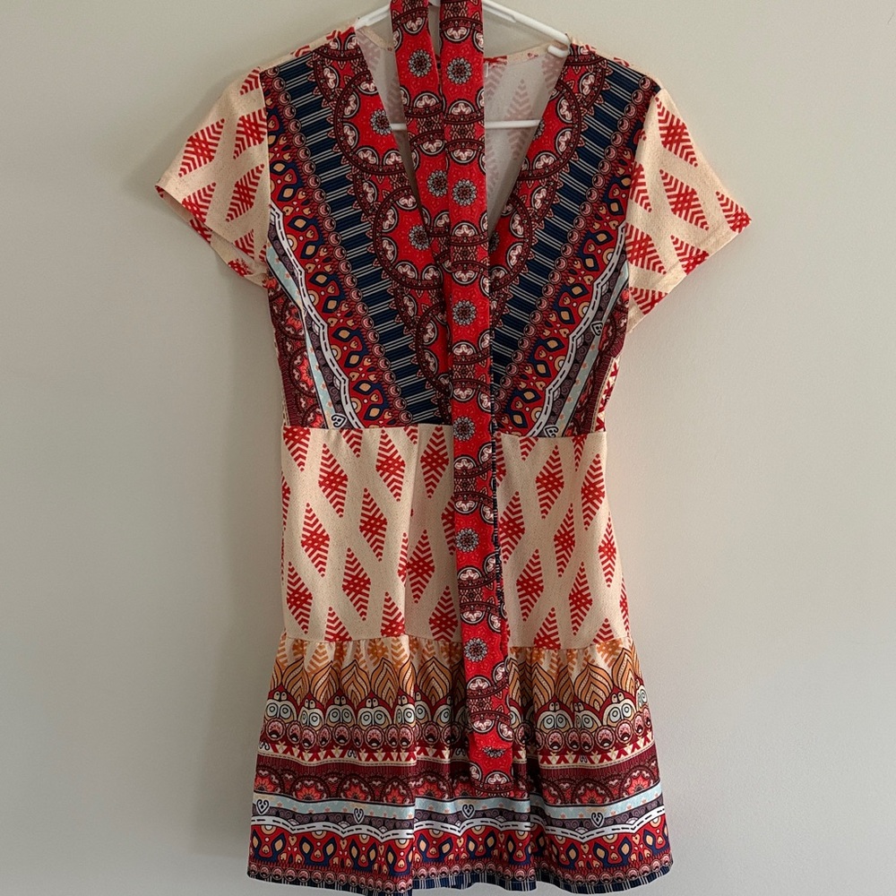 Bohemian Red and Cream Patterned Dress